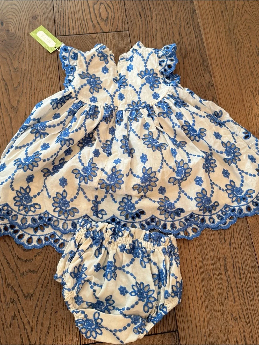 Pink Chicken Cynthia Dress 12-18M Blue Eyelet Embroidered Dress + Bloomer NWT